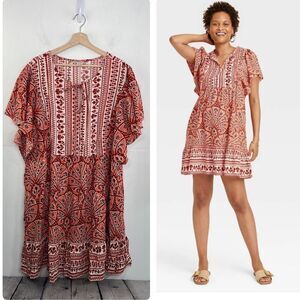 Knox Rose Women's Ruffle Short Sleeve ruffle hem Dress Orange Floral size 3X